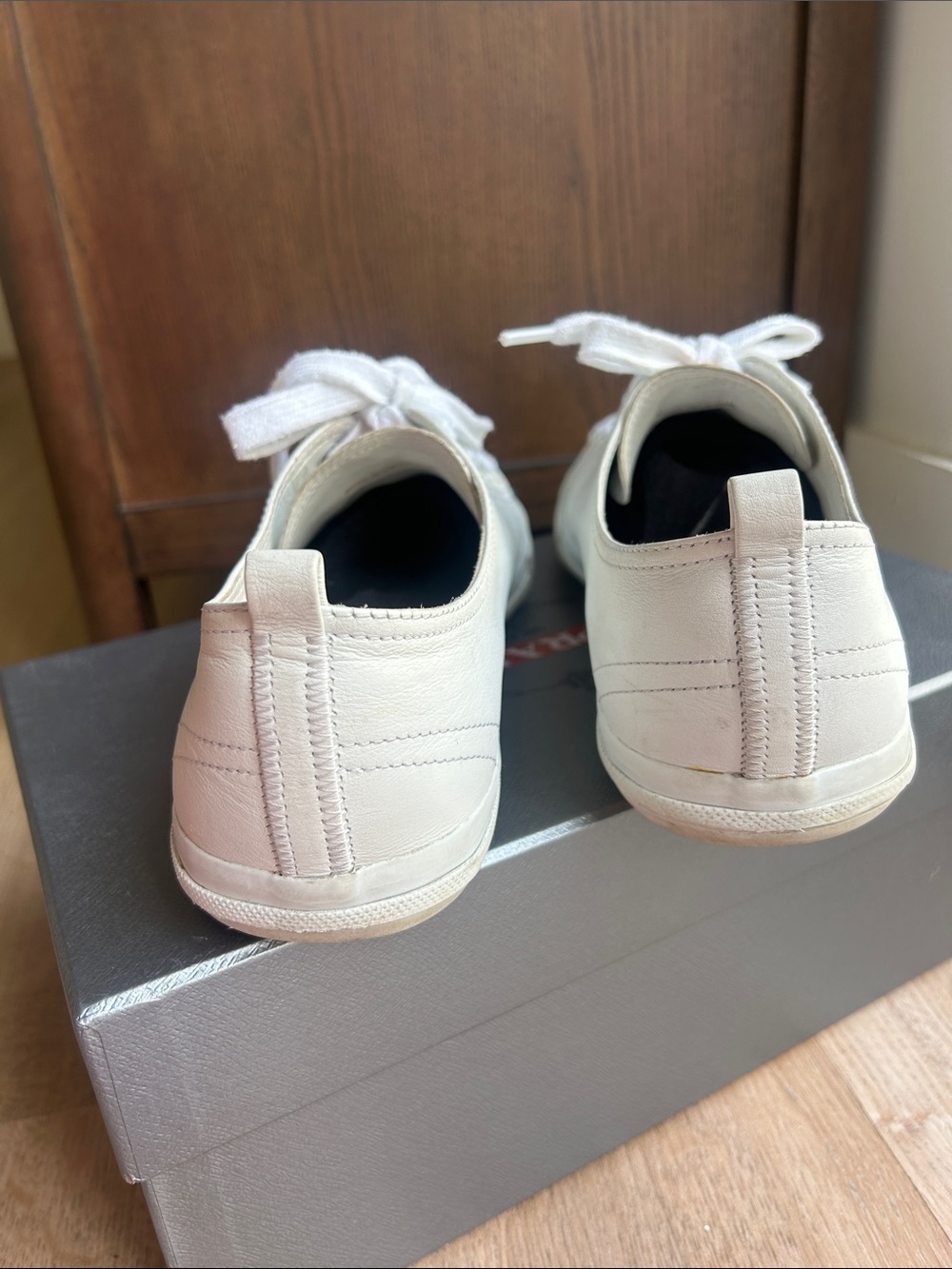 Prada White Leather Sneakers with Red Logo Detail - Picture 6 of 13